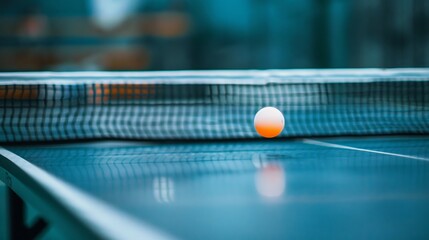 photo of a ping pong racket hitting a ping pong ball over a ping pong net - obrazy, fototapety, plakaty