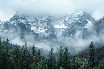 a mountain range with snow covered trees - Powered by Adobe