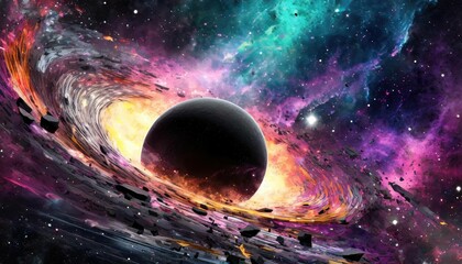 black hole with nebula debris and one planet - obrazy, fototapety, plakaty