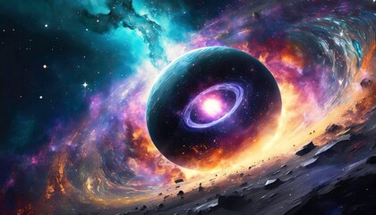black hole with nebula debris and one planet - obrazy, fototapety, plakaty