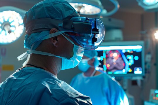 An augmented reality surgical navigation system guiding surgeons with real-time imaging for optimal surgical outcomes. Text: "Precision guidance for surgical excellence