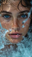Close up portrait of girl with water splashes, surfing