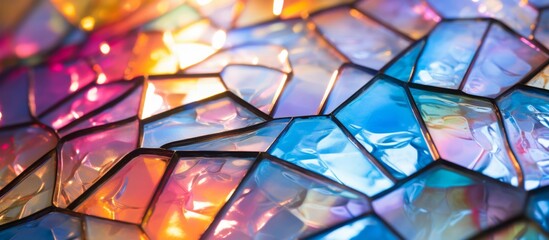 Captivating closeup of a vibrant stained glass window showcasing a mesmerizing pattern of triangles...