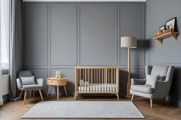 Real photo of a baby crib standing between a low cupboard and an armchair, lamp and stool in child's room interior with wooden floor and grey walls with molding