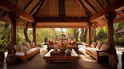Balinese-inspired outdoor living room pavilion with soaring thatched ceilings carved wood pillars and pebble courtyard.
