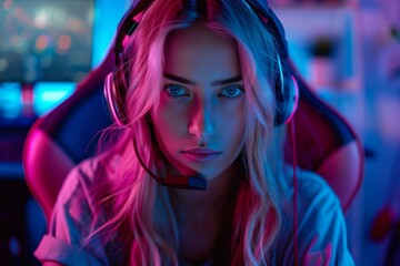 Fototapeta premium selective focus of young woman in headphones looking at camera while playing online videogames