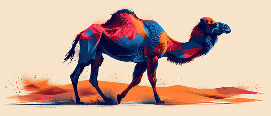 a camel that is walking in the sand