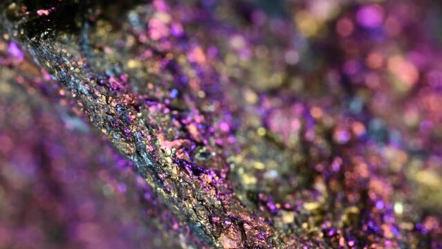 Peacock Ore / Bornite / Chalcopyrite (copper ore) in closeup, moving focus