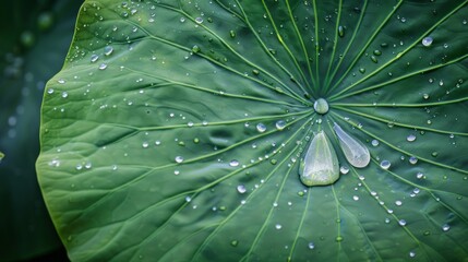 Drops of water on a lotus leaf. space for text