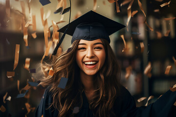 Obraz premium Young woman graduate in cap smiles against confetti background