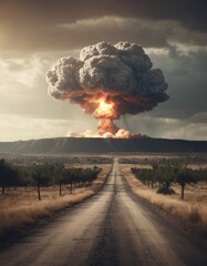 Nuclear boms. Atomic bomb explosion on landscape with copy space. Political issue,weapon,war concept