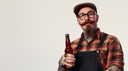 A stylish hipster man with a full beard, tattoos, and a cap poses confidently holding a beer bottle on a gray background