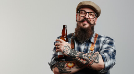 A cheerful tattooed man with a beard and a checkered shirt smiles holding a beer bottle, symbolizing leisure on a gray backdrop