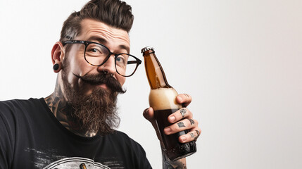 Stylish tattooed man in black shirt causing beer froth to spill from the bottle he holds