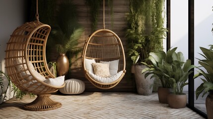 Boho chic outdoor living room with woven hanging chairs patterned tilework and tropical plants.