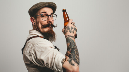 Stylish tattooed man with a rolled up shirt sleeve points a beer bottle, conveying confidence on a gray background