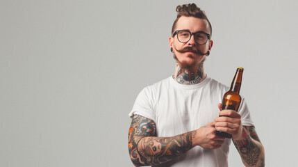 A man in a plain white t-shirt with tattoos extends a bottle of craft beer, suggesting an invitation on a gray backdrop