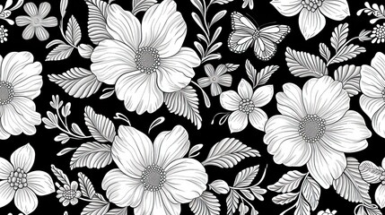 Feminine monochrome seamless pattern with lace pattern of flowers - obrazy, fototapety, plakaty