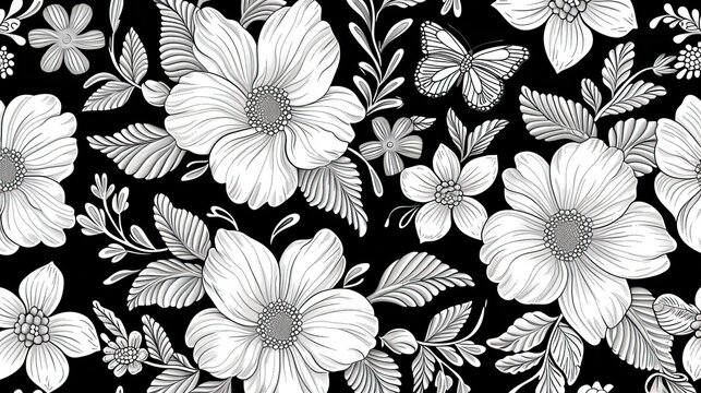 Feminine monochrome seamless pattern with lace pattern of flowers
