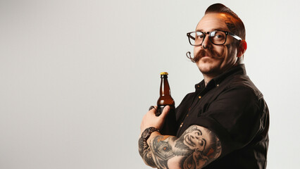 A stylish man with glasses holding a beer bottle, symbolizing a break from the conventional - obrazy, fototapety, plakaty