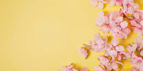 A yellow background with pink flowers in the foreground