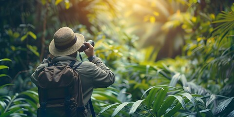 Explorer Surveys the Lush Jungle Landscape with Binoculars Uncovering Nature s Wonders and Potential Discoveries - obrazy, fototapety, plakaty
