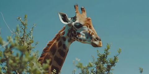 Giraffe Elegantly Reaching for Treetop Treats in Lush Natural Habitat with Ample Copy Space