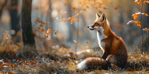 Clever Fox Solving Puzzles in Captivating Autumn Forest Landscape - obrazy, fototapety, plakaty