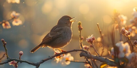 A singing bird atop a morning branch with a blooming melody and warm dawn light copy space for text - obrazy, fototapety, plakaty