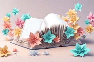 Front view of open book, from which colorful origami paper flowers grow. Pastel colors. Creative concept for digital library and bookstore. Generative AI 3d render illustration imitation