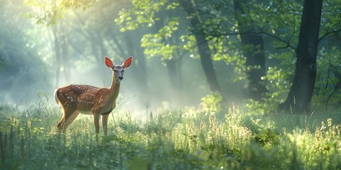 Gentle Deer Stands in Misty Forest Glade Peaceful Natural Scenic Landscape