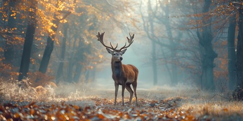 Gentle Deer Standing in Misty Autumn Forest Glade with Peaceful Tranquil Atmosphere and Copy Space