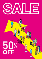 Apparel bargain sale design template, crowd moving in a certain direction - isometric view, A4 vertical ratio