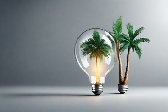 Glass electric light bulb with miniature tropical palm trees inside isolated on flat grey background with copy space. Creative concept good idea to go on vacation. 3d render illustration style