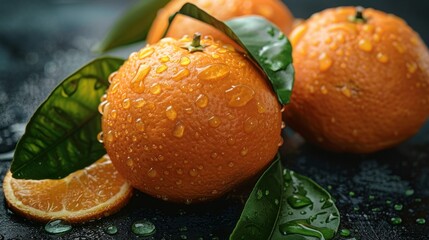 Fresh oranges with vibrant green leaves and waterdrops 