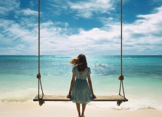 Young girl swinging on a wooden swing at a sandy tropical beach facing the ocean