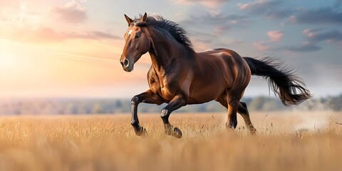 Galloping Horse Across Vibrant Open Fields at Breathtaking Sunset Evoking Freedom and Power