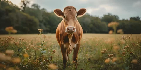 Fotobehang Peaceful Cow Grazing in Lush Countryside Meadow Simplicity and Nourishment © Thares2020