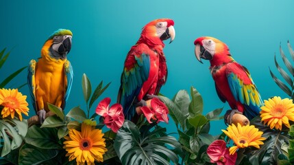 Vibrant colorful parrots perched among tropical flowers on teal background - Powered by Adobe