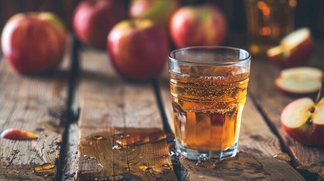 healthy Apple cider vinegar on a wooden table, with apples in the background, beverage photography, concept: lose weight, healthy, fat melting, secret tip, copy and text space, 16:9