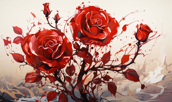 a painting of red roses