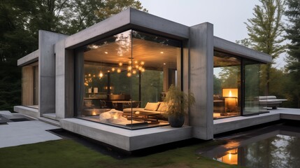 Bold and edgy concrete and glass modern pavilion with perpendicular structural forms and industrial accents.