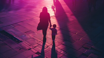 Cinematic photograph of a mother holding child hand walking on the street . Mother's Day. Pink and purple color palette.