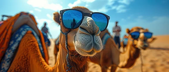 Fototapeten a two camels with sunglasses on their heads in the desert © Masum