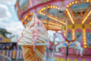 colorful dole whip in a cone with horse carrousel at a fair in the background - obrazy, fototapety, plakaty