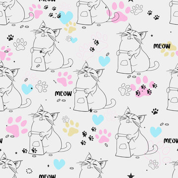 Cat pattern, food, tracks. Seamless illustrations of pets clipart for pet shops, as a blank for designer, logo, icon, pet food, textile