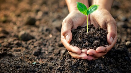 hands holding a small tree growing in the dirt, earth day background
