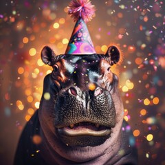Happy cute animal friendly Hippopotamus wearing a party hat celebrating at a fancy newyear or birthday party festive celebration greeting with bokeh light and paper shoot confetti surround party