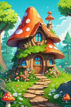 Tiny fantasy wood stump house with mushrooms in forest. path leads to fairy elf or animal home in woodland in summer