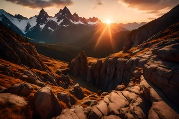 Foto auf Alu-Dibond a cave with rocky mountains in background. Adventure Composite. 3d Rendering Peak. Aerial Image of landscape from British Columbia, Canada. Sunset Sky © MISHAL